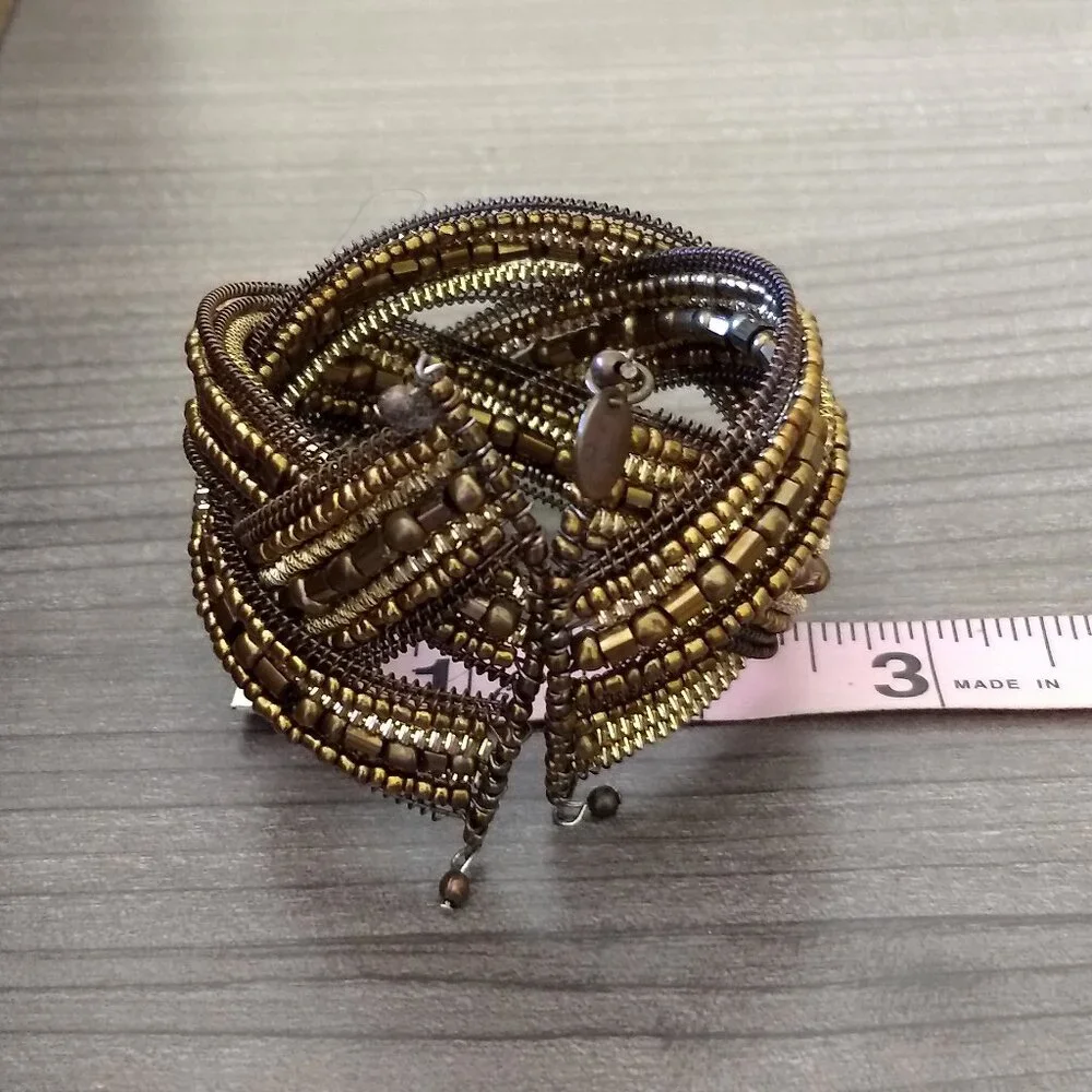 Bala Booste Woven Seed Bead Cuff Bracelet Statement Modern Beaded Gold & Brown